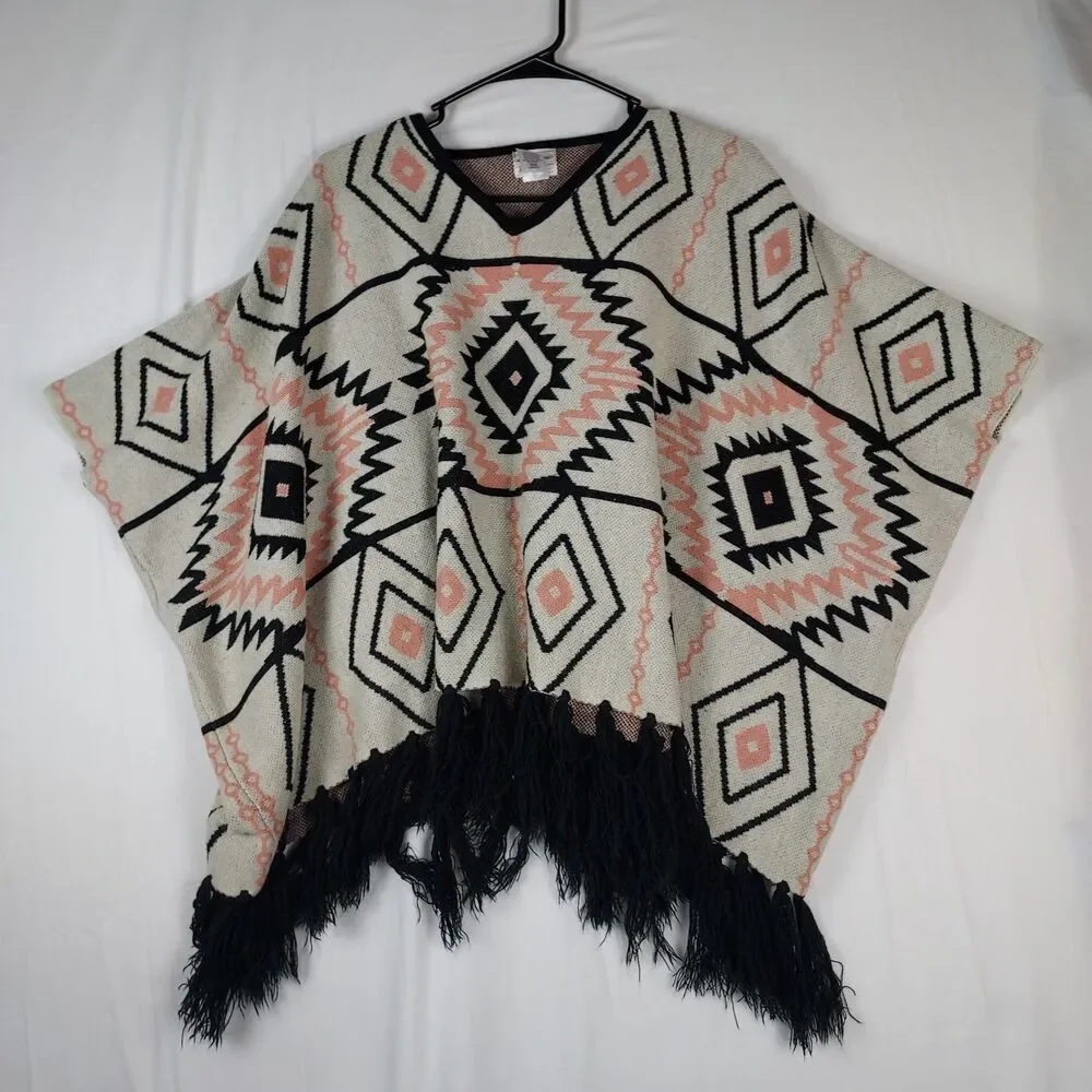 Boho Aztec Print Poncho Sweater by Melrose and Market, One Size, V-Neck Fringe